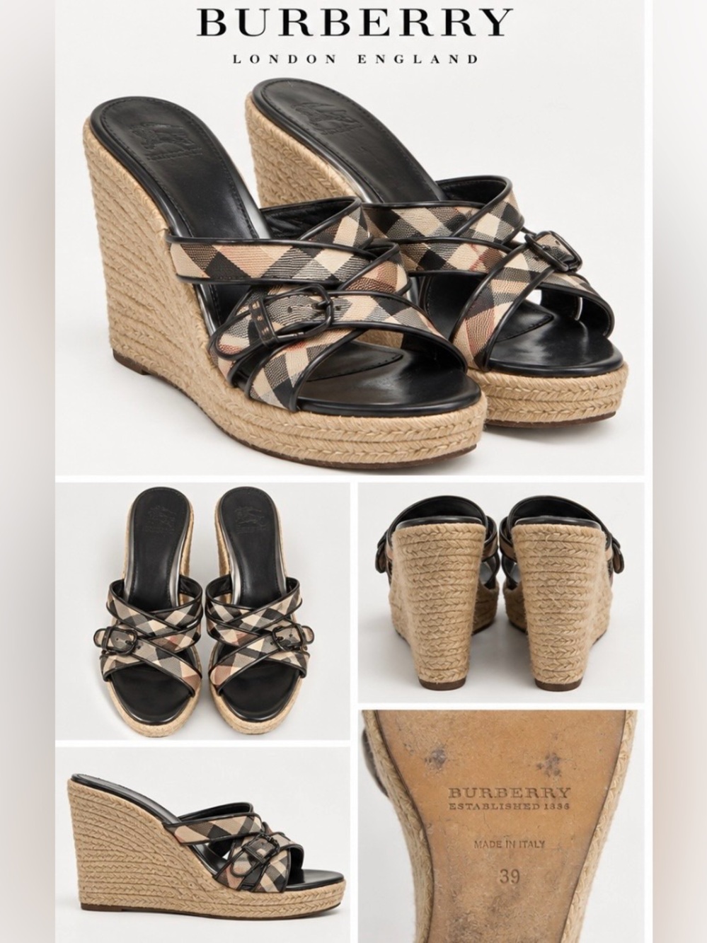Burberry Nova Check Plaid Espadrille Wedge Slides 39 US 9 Italy